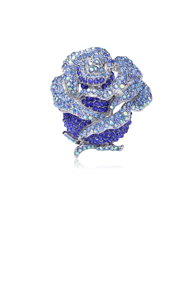 Elegant Brilliant Rose Brooch with Blue Cubic Zirconia - Luxurious Look