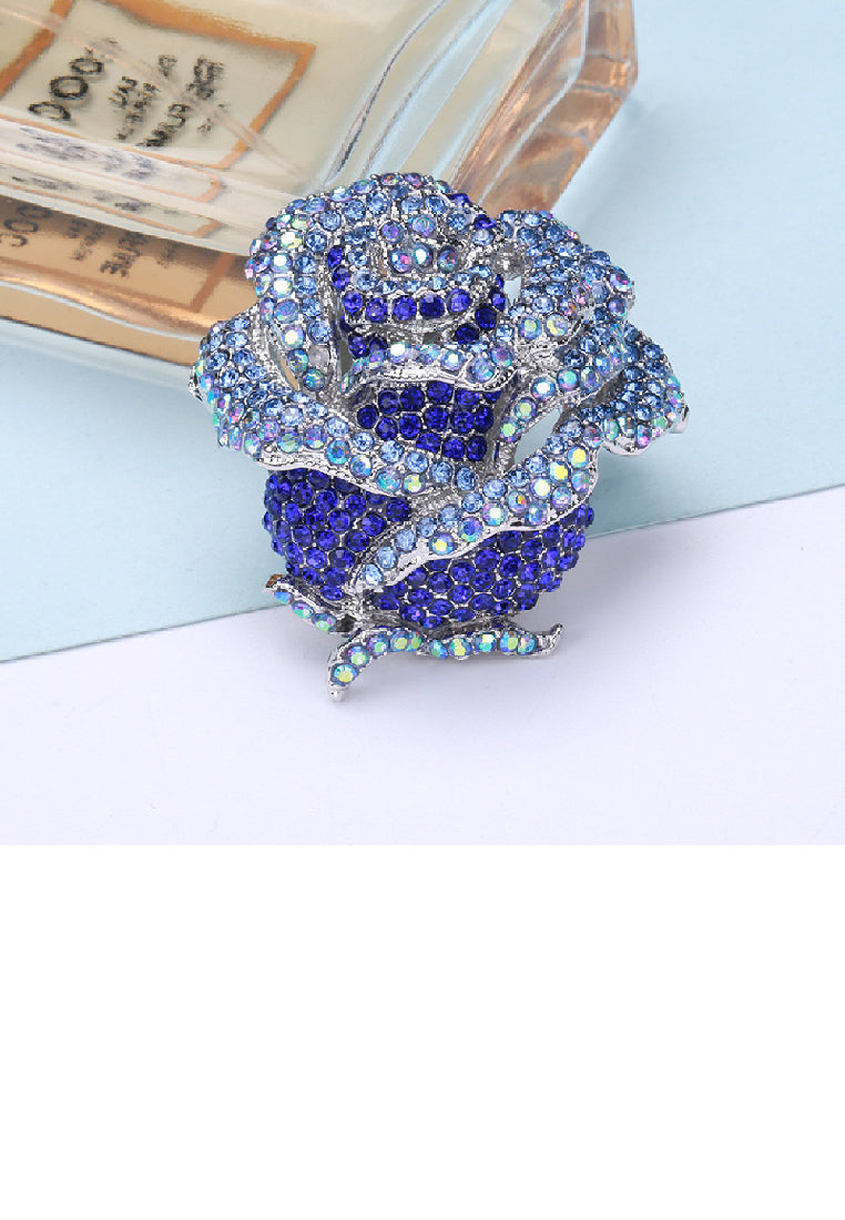 Elegant Brilliant Rose Brooch with Blue Cubic Zirconia - Luxurious Look