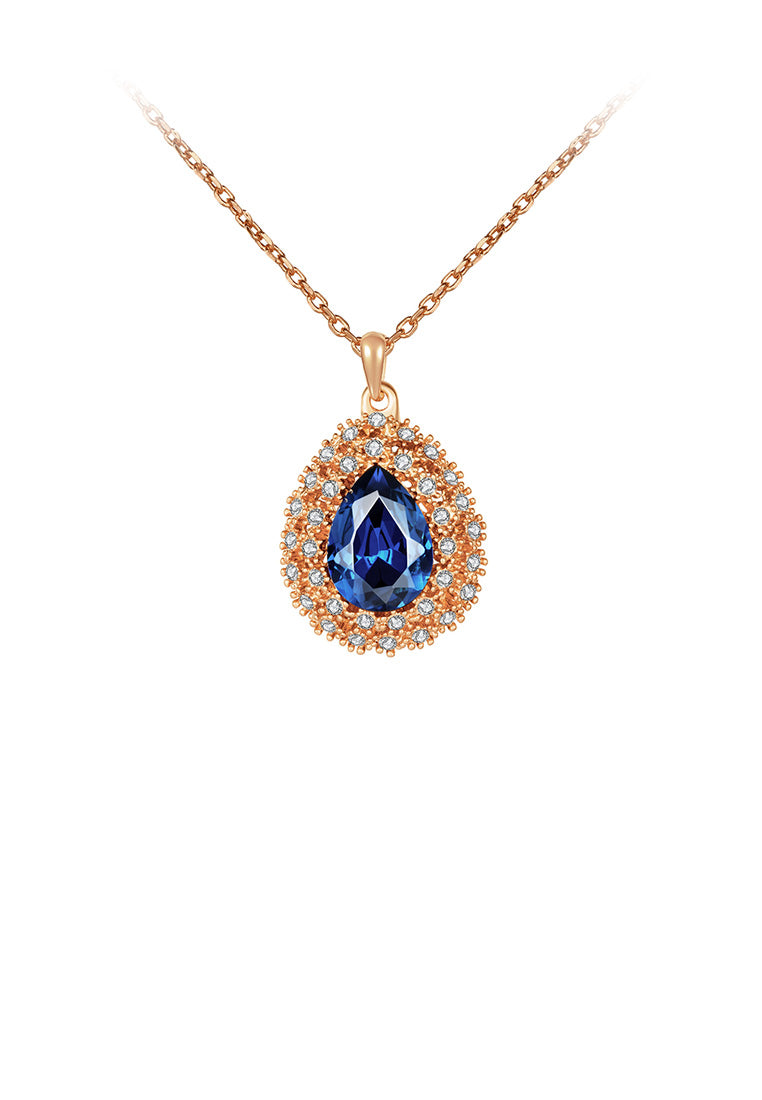 Elegant Plated Rose Gold Water Drop Pendant with Blue Cubic Zircon and Necklace