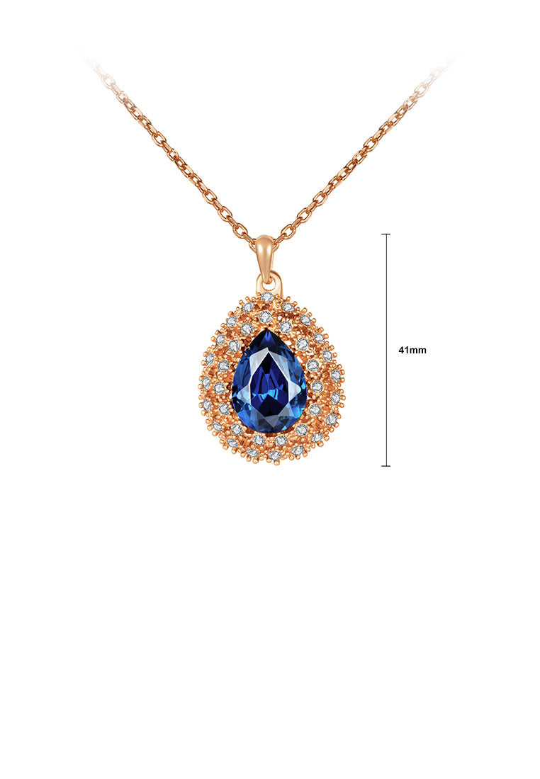 Elegant Plated Rose Gold Water Drop Pendant with Blue Cubic Zircon and Necklace