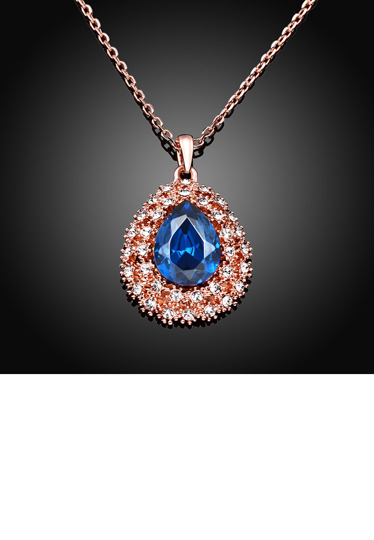 Elegant Plated Rose Gold Water Drop Pendant with Blue Cubic Zircon and Necklace
