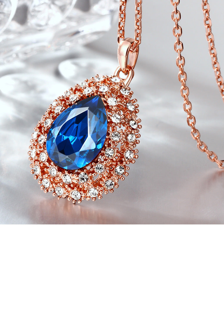 Elegant Plated Rose Gold Water Drop Pendant with Blue Cubic Zircon and Necklace