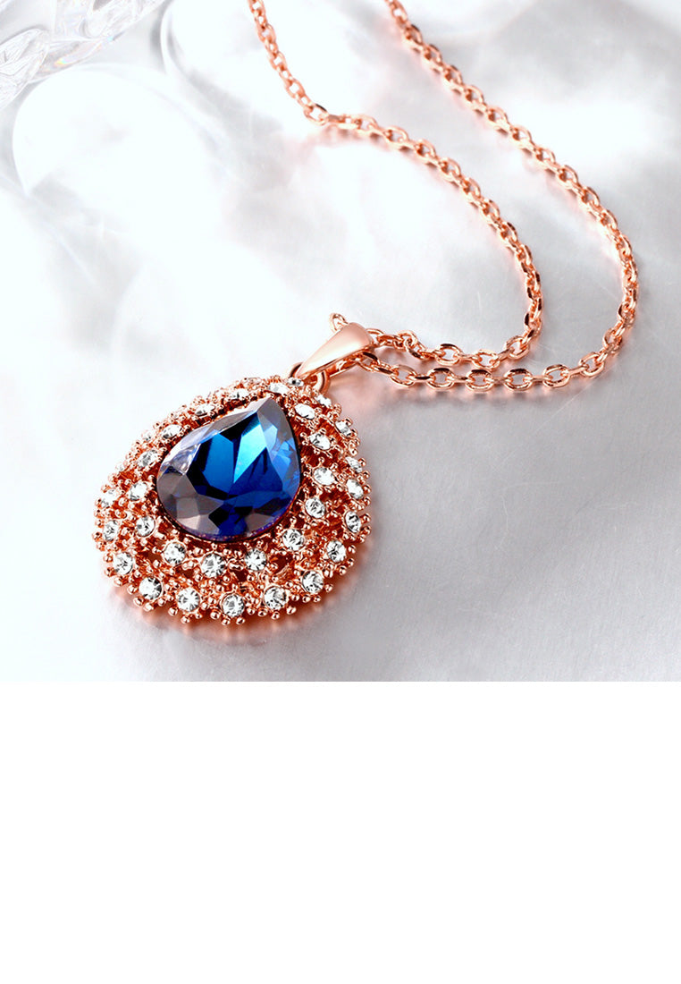 Elegant Plated Rose Gold Water Drop Pendant with Blue Cubic Zircon and Necklace