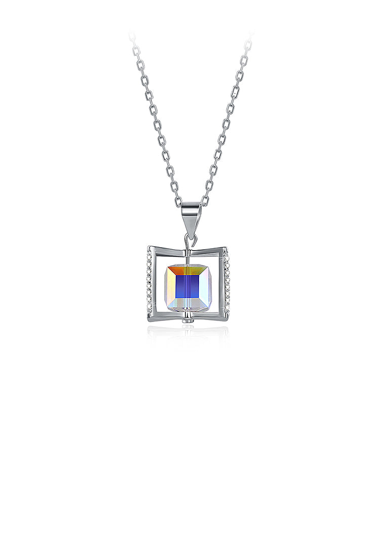 925 Sterling Silver Rotating Square Pendant with Austrian Element Crystal and Necklace