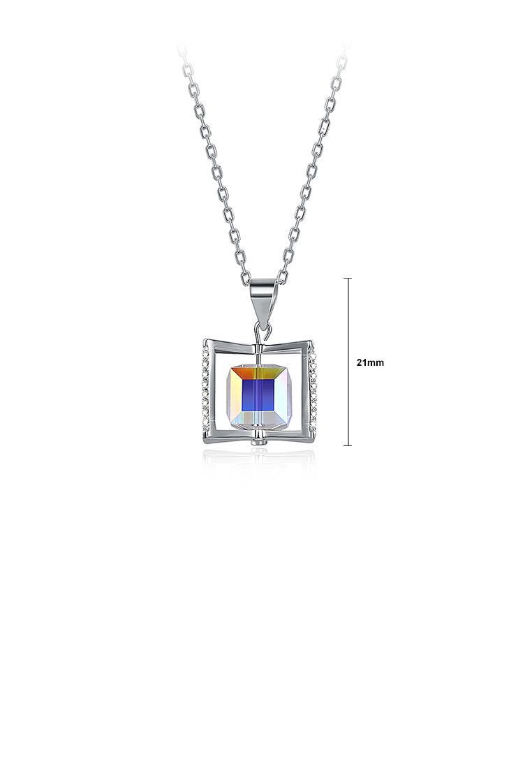925 Sterling Silver Rotating Square Pendant with Austrian Element Crystal and Necklace