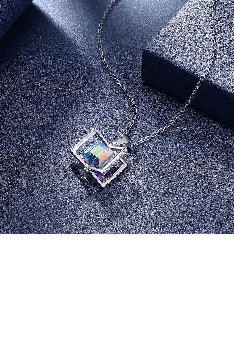925 Sterling Silver Rotating Square Pendant with Austrian Element Crystal and Necklace