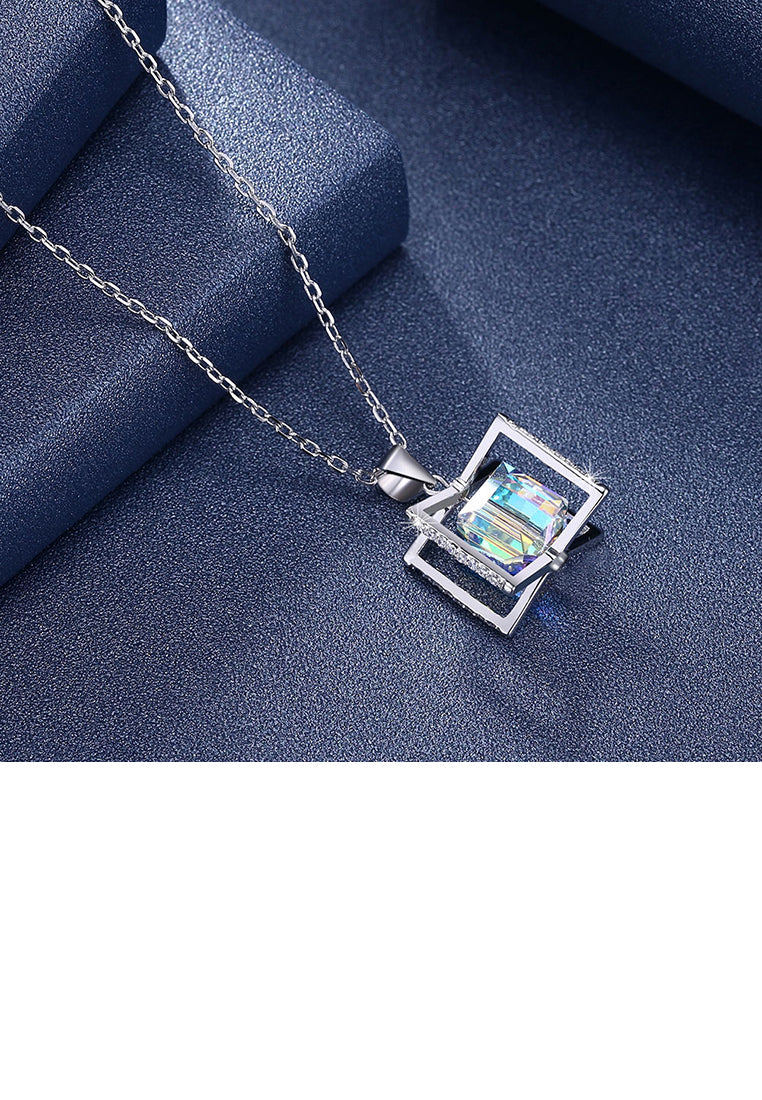 925 Sterling Silver Rotating Square Pendant with Austrian Element Crystal and Necklace