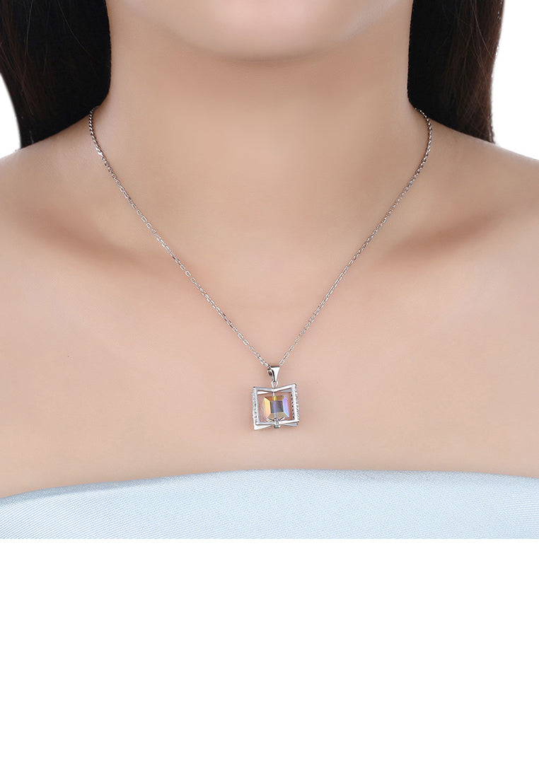 925 Sterling Silver Rotating Square Pendant with Austrian Element Crystal and Necklace