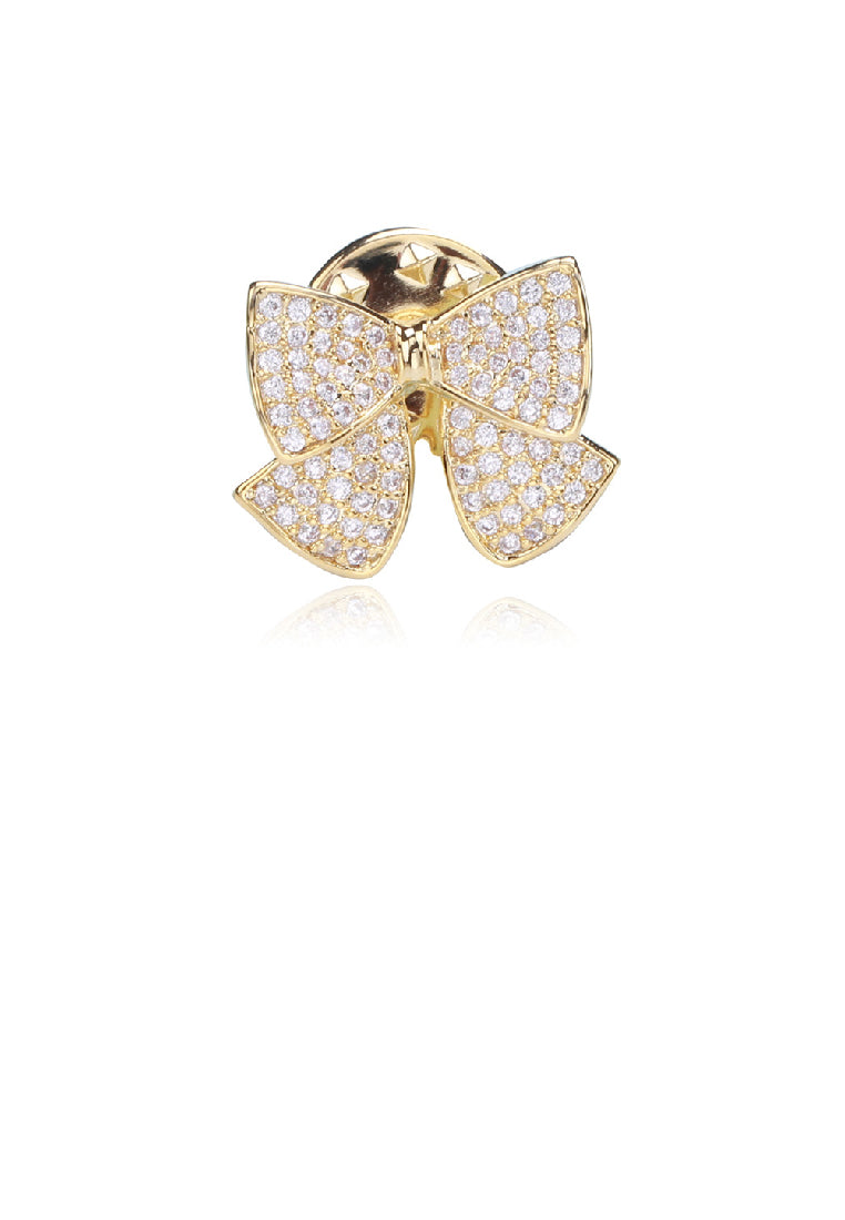 Simple Sweet Plated Gold Ribbon Brooch with Cubic Zirconia - Luxurious Look