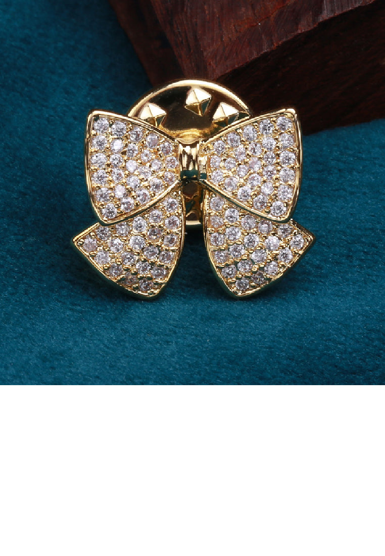 Simple Sweet Plated Gold Ribbon Brooch with Cubic Zirconia - Luxurious Look
