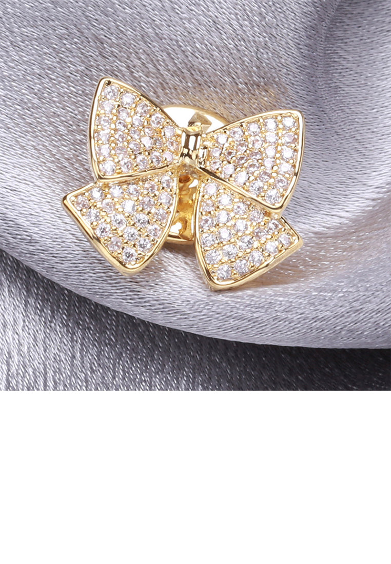 Simple Sweet Plated Gold Ribbon Brooch with Cubic Zirconia - Luxurious Look