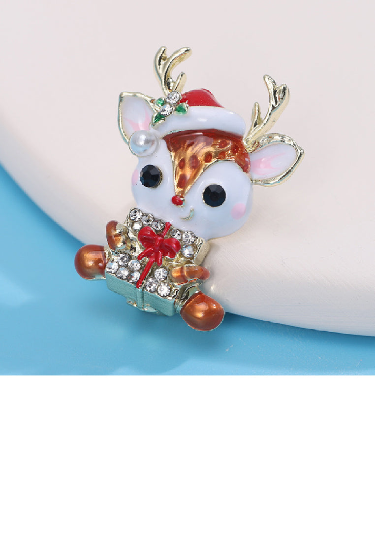 Fashion Cute Plated Gold Christmas Elk Brooch with Cubic Zirconia - Luxurious Look