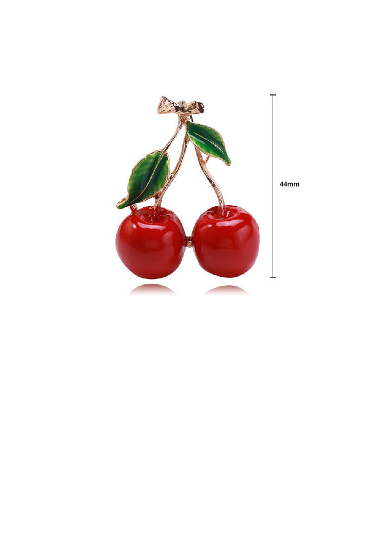 Simple Sweet Plated Gold Enamel Cherry Brooch