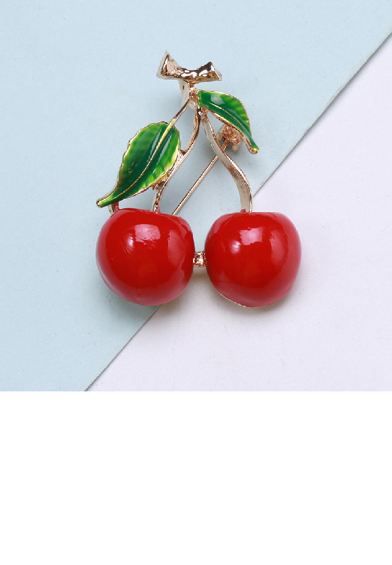 Simple Sweet Plated Gold Enamel Cherry Brooch