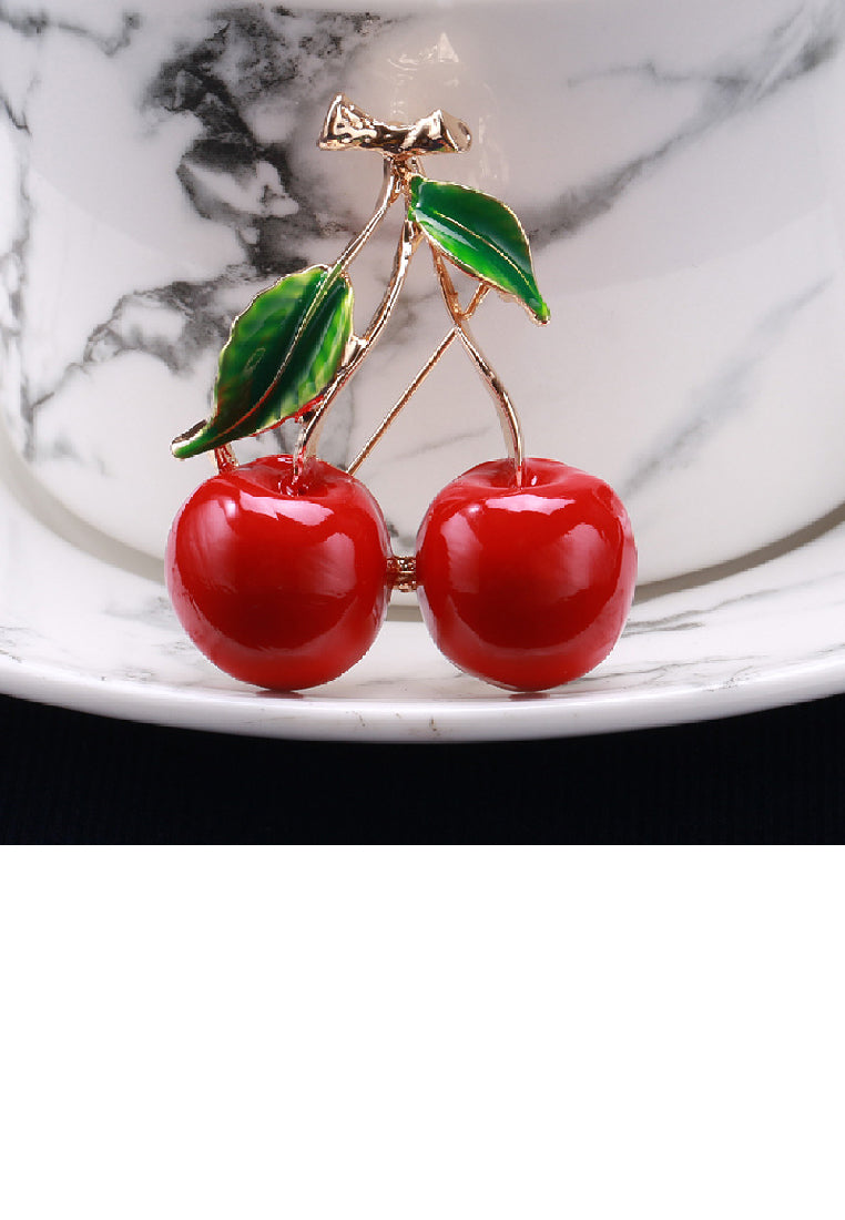 Simple Sweet Plated Gold Enamel Cherry Brooch