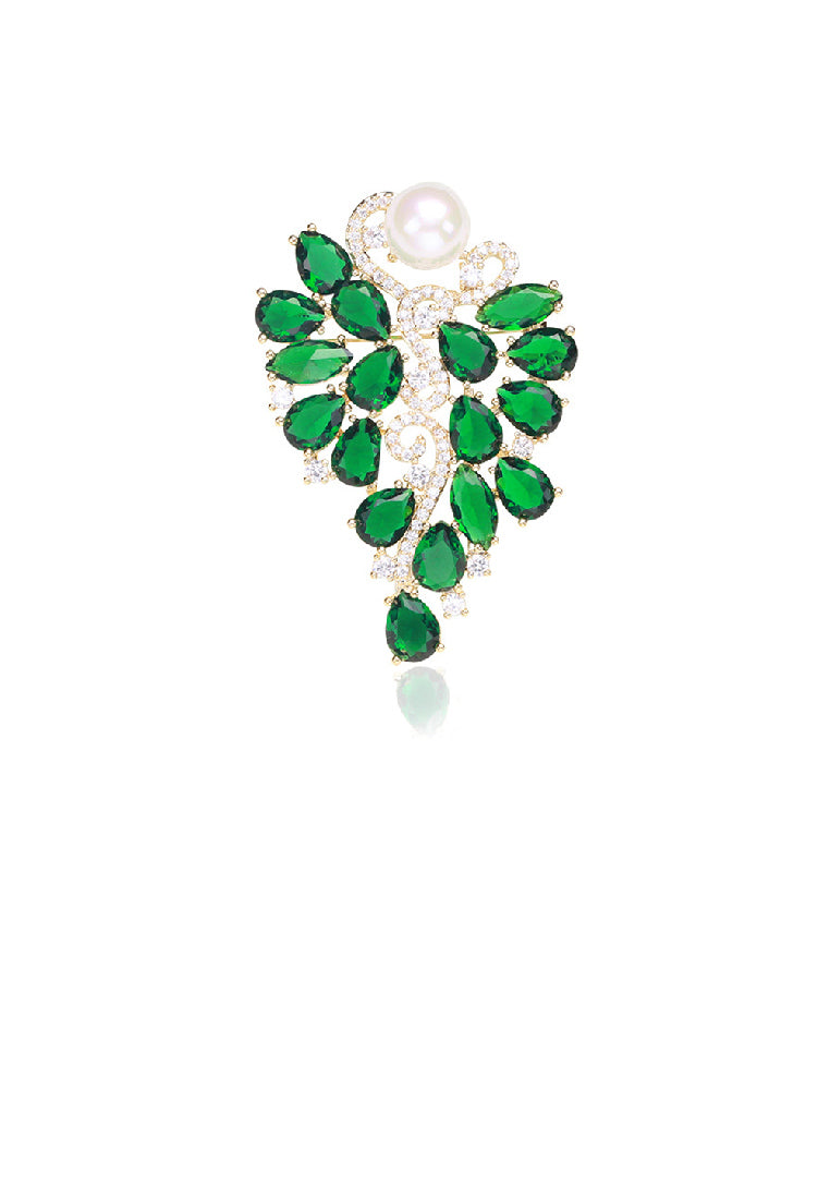 Fashion and Elegant Plated Gold Floral Imitation Pearl Brooch with Green Cubic Zirconia - Luxurious Look