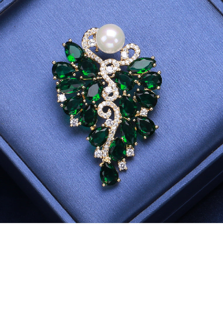 Fashion and Elegant Plated Gold Floral Imitation Pearl Brooch with Green Cubic Zirconia - Luxurious Look