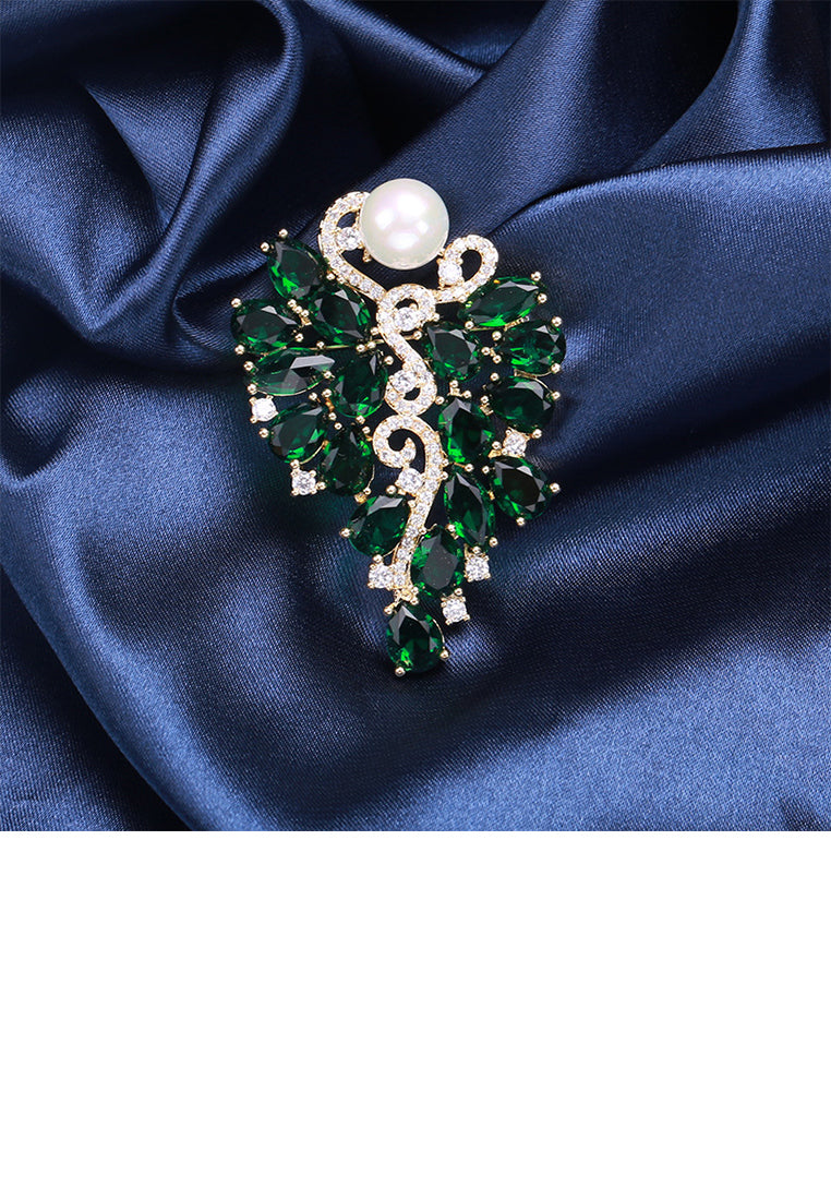 Fashion and Elegant Plated Gold Floral Imitation Pearl Brooch with Green Cubic Zirconia - Luxurious Look