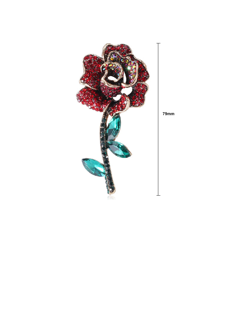 Brilliant Romantic Plated Gold Rose Brooch with Red Cubic Zirconia - Luxurious Look - Vibrant Color