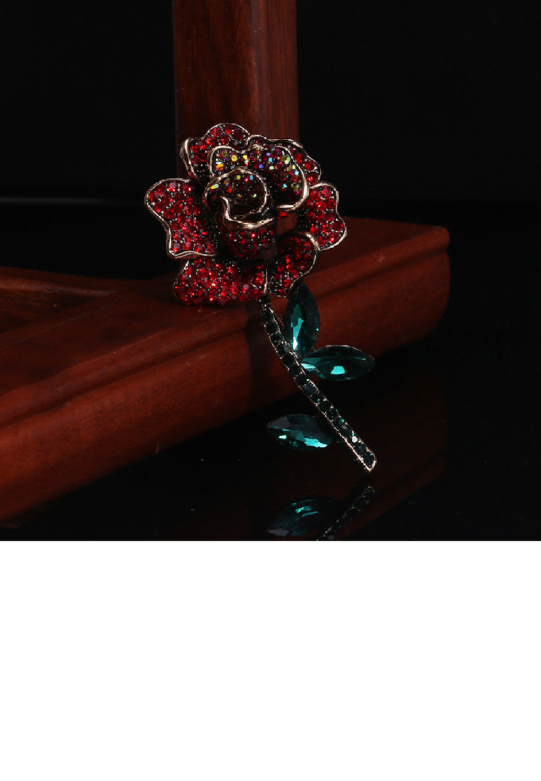 Brilliant Romantic Plated Gold Rose Brooch with Red Cubic Zirconia - Luxurious Look - Vibrant Color