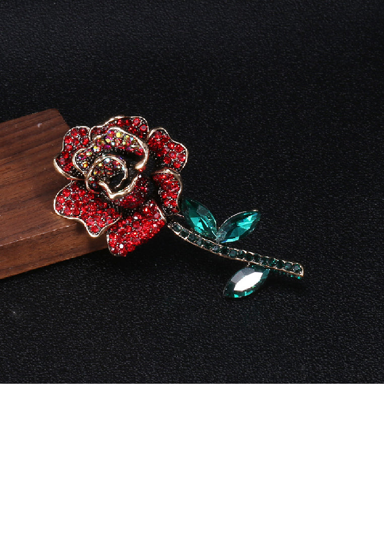 Brilliant Romantic Plated Gold Rose Brooch with Red Cubic Zirconia - Luxurious Look - Vibrant Color