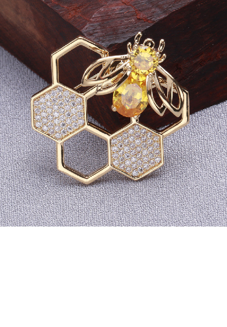 Fashion Temperament Plated Gold Bee Hive Brooch with Cubic Zirconia - Luxurious Look