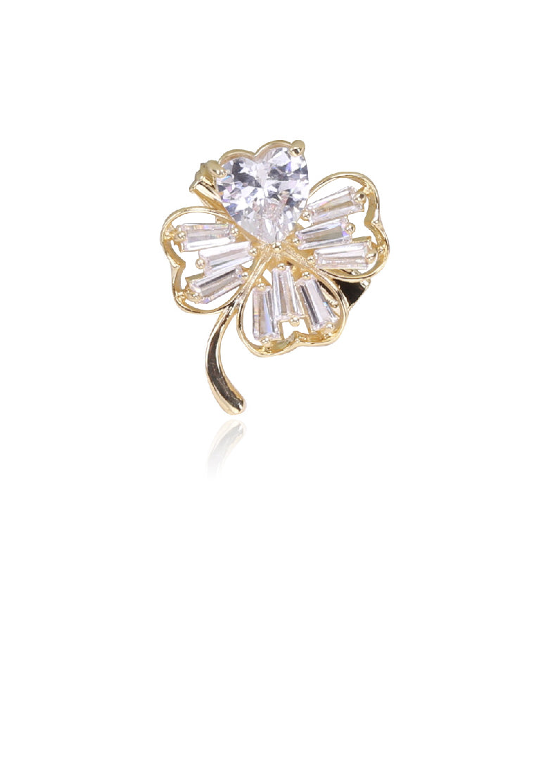 Simple Fashion Plated Gold Four-leafed Clover Brooch with Cubic Zirconia - Luxurious Look