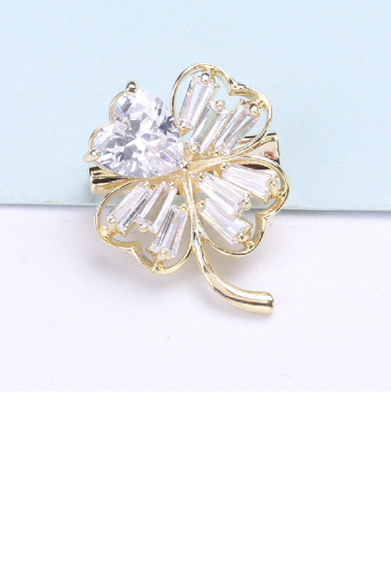 Simple Fashion Plated Gold Four-leafed Clover Brooch with Cubic Zirconia - Luxurious Look