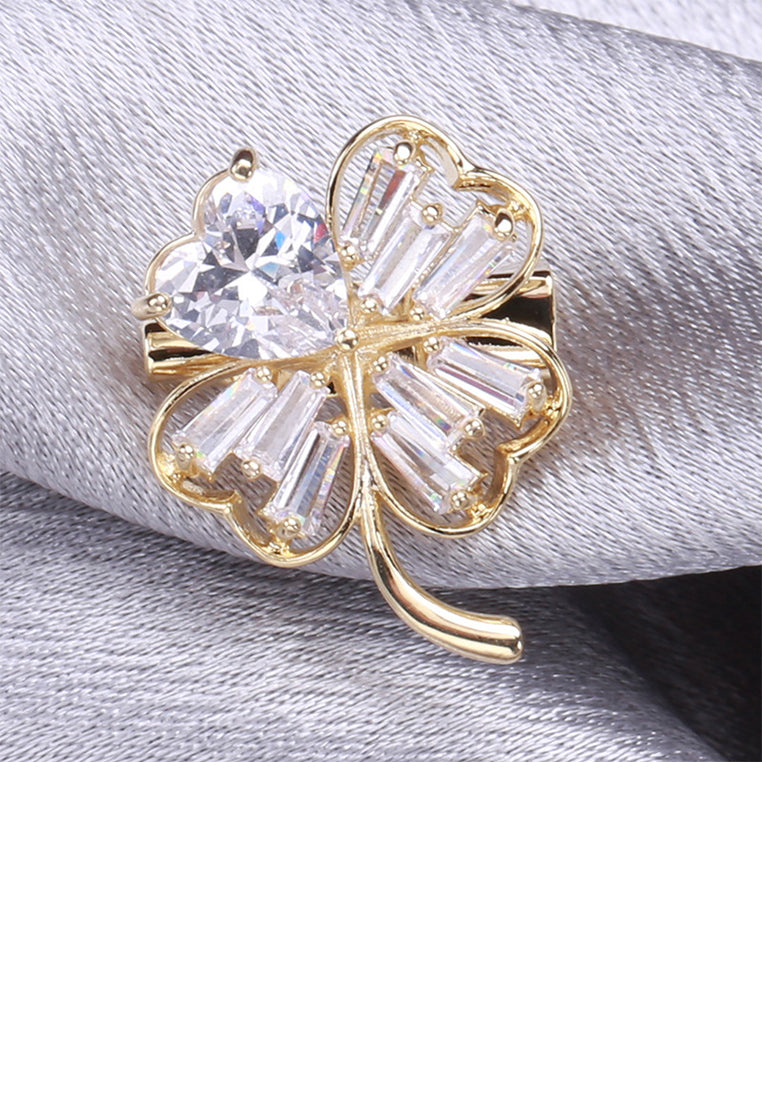 Simple Fashion Plated Gold Four-leafed Clover Brooch with Cubic Zirconia - Luxurious Look