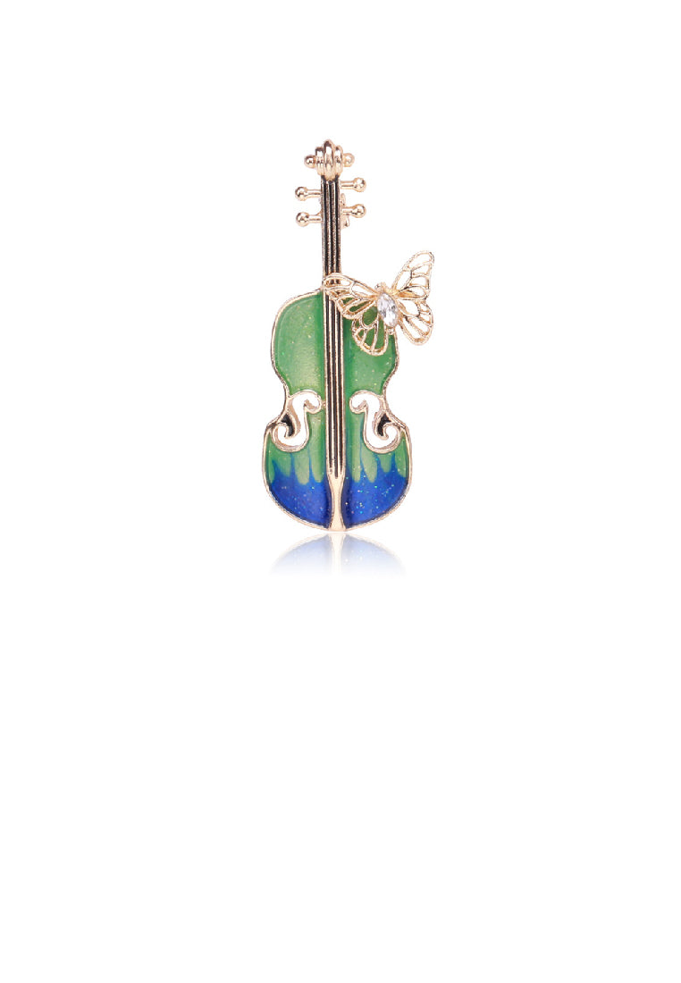 Fashion Temperament Plated Gold Enamel Green Violin Butterfly Brooch with Cubic Zirconia - Luxurious Look