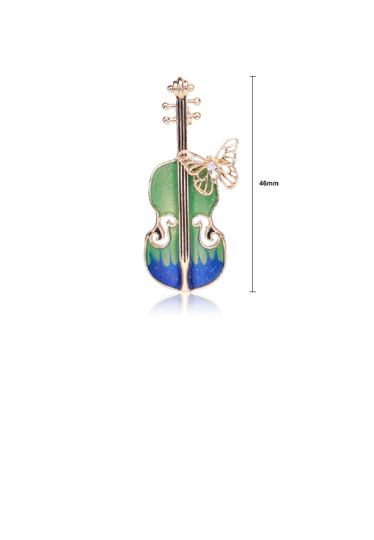 Fashion Temperament Plated Gold Enamel Green Violin Butterfly Brooch with Cubic Zirconia - Luxurious Look