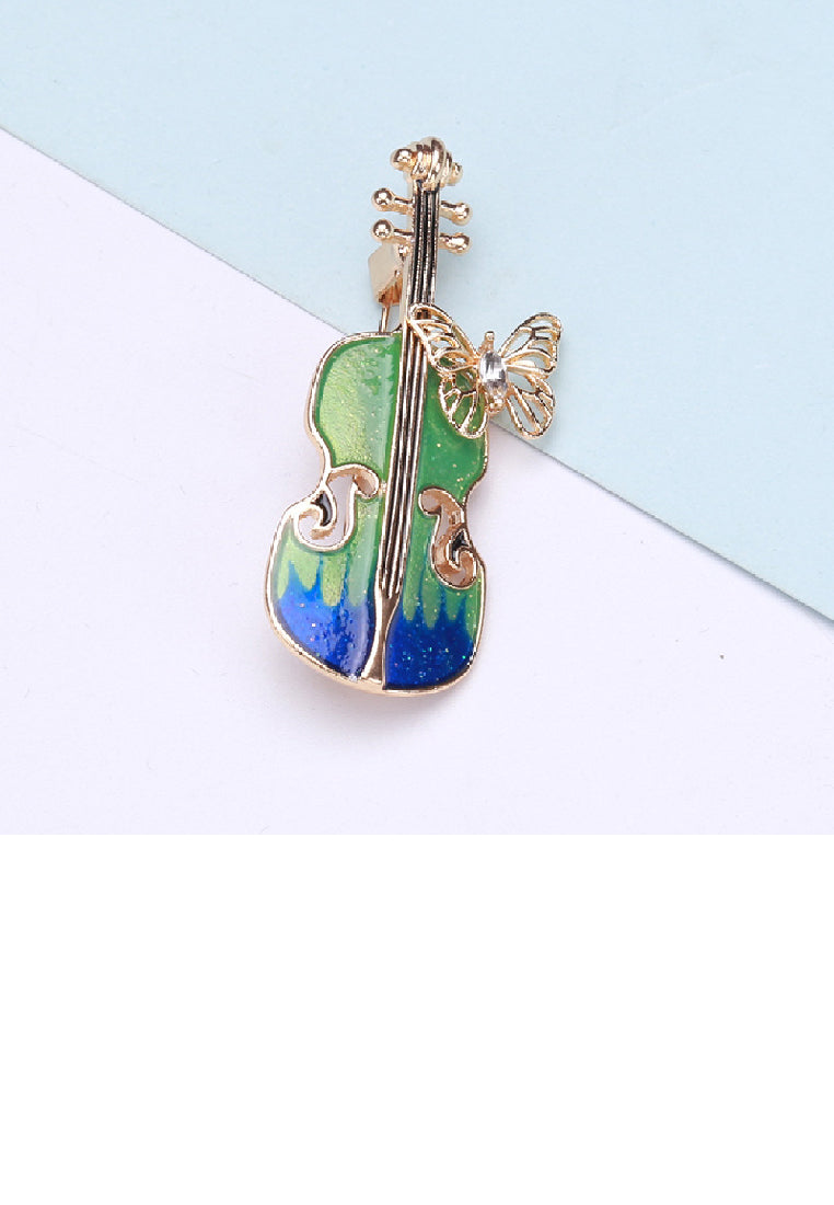 Fashion Temperament Plated Gold Enamel Green Violin Butterfly Brooch with Cubic Zirconia - Luxurious Look