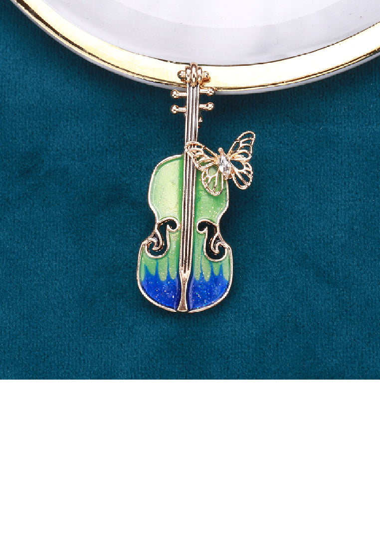 Fashion Temperament Plated Gold Enamel Green Violin Butterfly Brooch with Cubic Zirconia - Luxurious Look