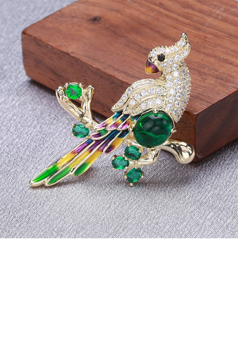 Brilliant Temperament Plated Gold Enamel Parrot Brooch with Cubic Zirconia - Luxurious Look