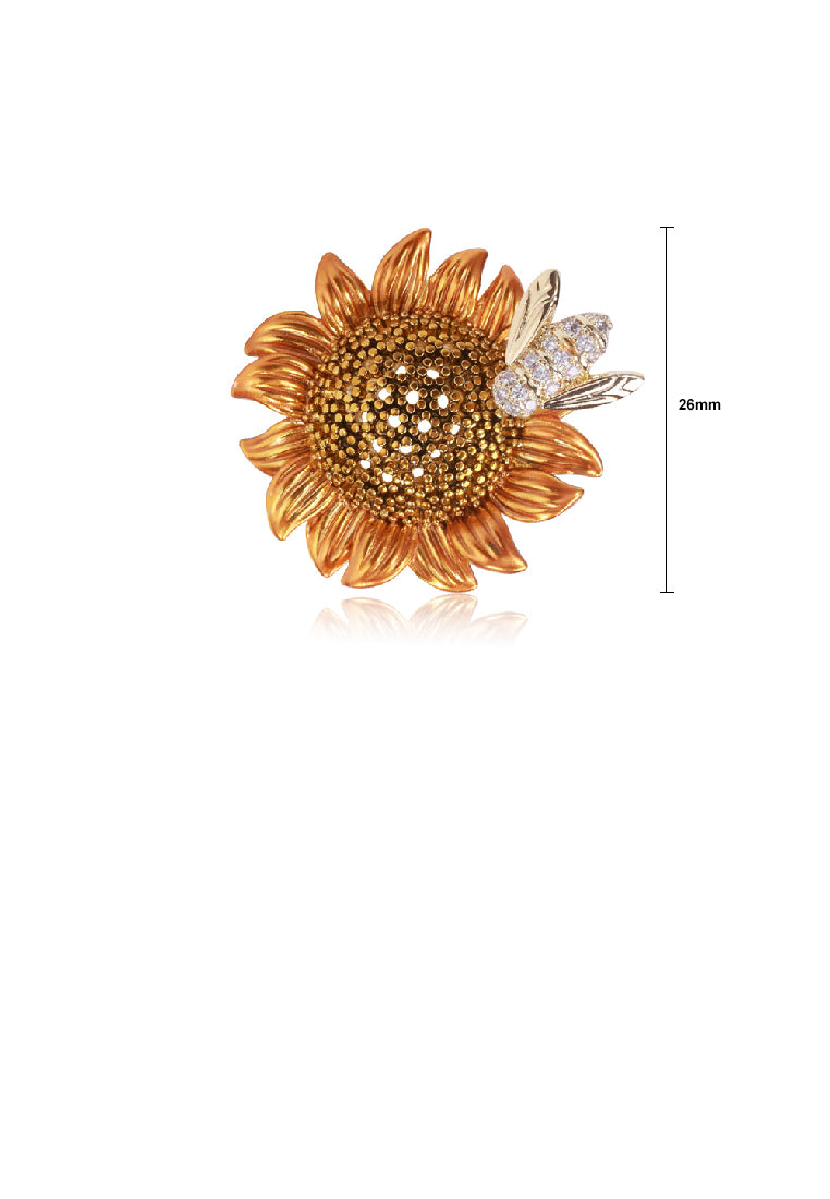 Fashion and Elegant Plated Gold Sunflower Bee Brooch with Cubic Zirconia - Luxurious Look