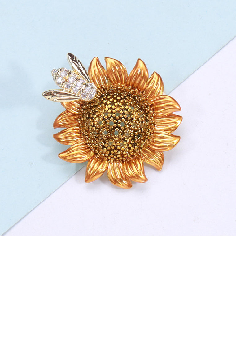 Fashion and Elegant Plated Gold Sunflower Bee Brooch with Cubic Zirconia - Luxurious Look