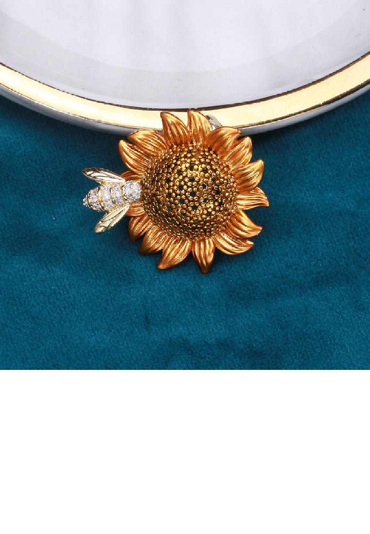 Fashion and Elegant Plated Gold Sunflower Bee Brooch with Cubic Zirconia - Luxurious Look