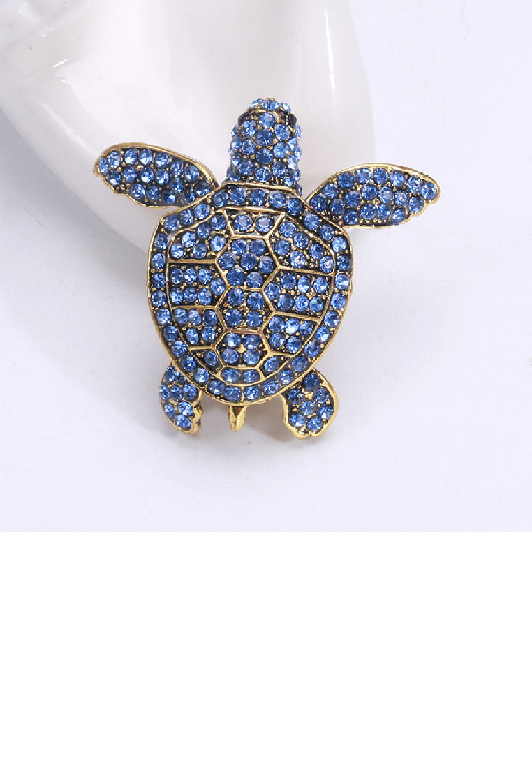 Brilliant Lovely Plated Gold Tortoise Brooch with Blue Cubic Zirconia - Luxurious Look