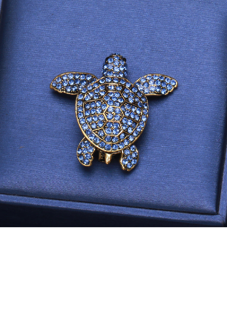 Brilliant Lovely Plated Gold Tortoise Brooch with Blue Cubic Zirconia - Luxurious Look