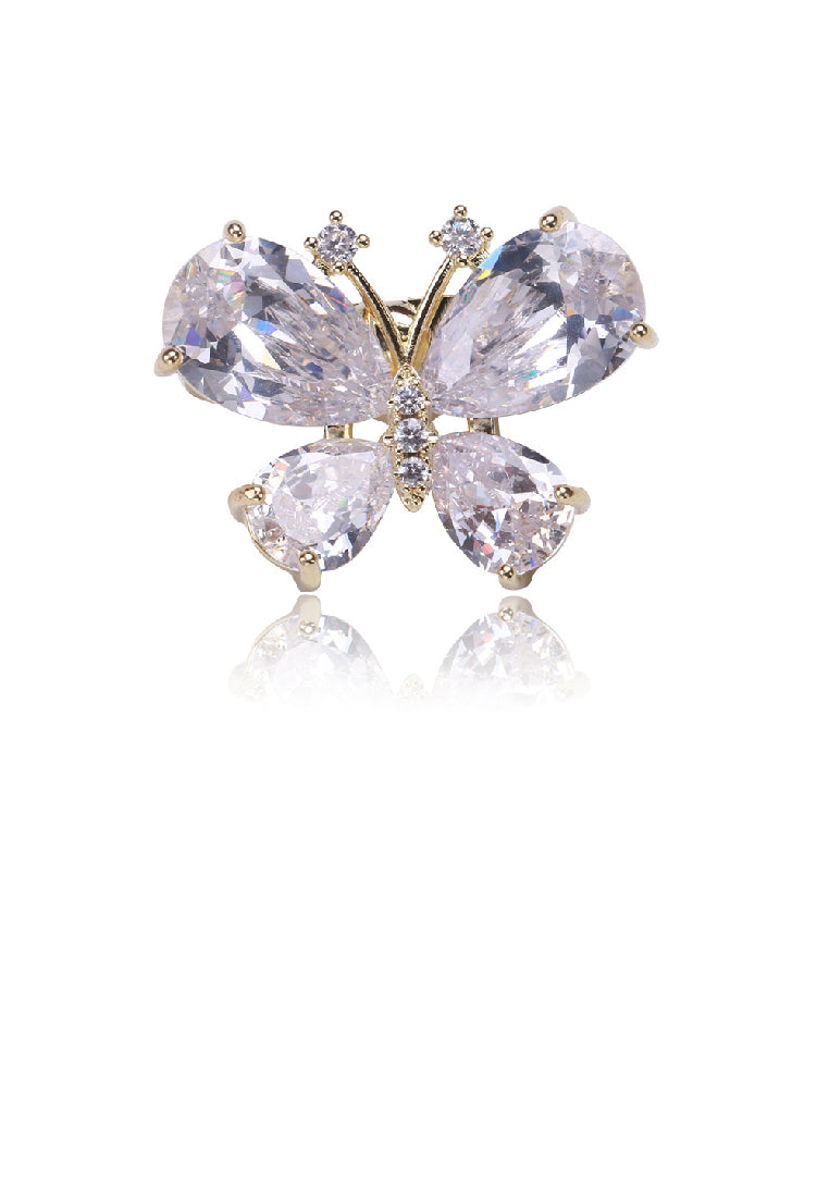 Simple Fashion Plated Gold Butterfly Brooch with Cubic Zirconia - Luxurious Look