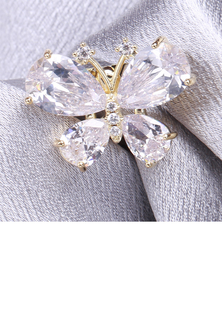 Simple Fashion Plated Gold Butterfly Brooch with Cubic Zirconia - Luxurious Look
