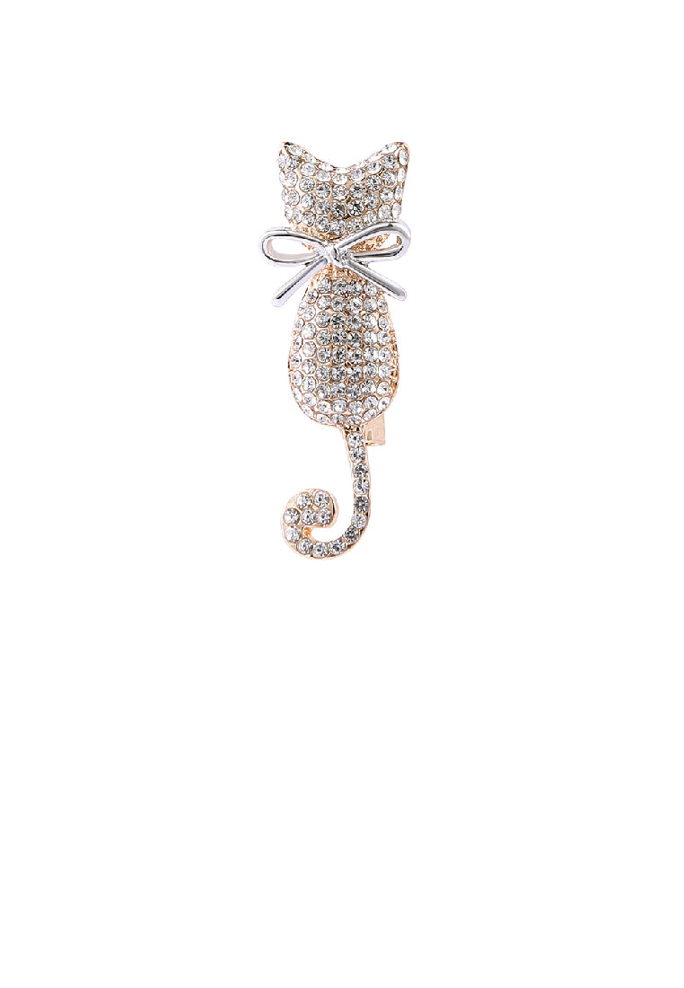 Simple and Cute Plated Gold Ribbon Cat Brooch with Cubic Zirconia - Luxurious Look
