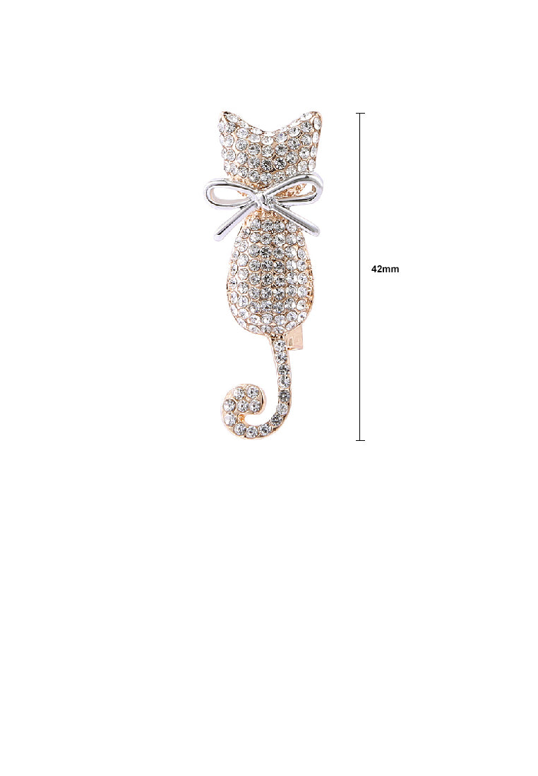 Simple and Cute Plated Gold Ribbon Cat Brooch with Cubic Zirconia - Luxurious Look