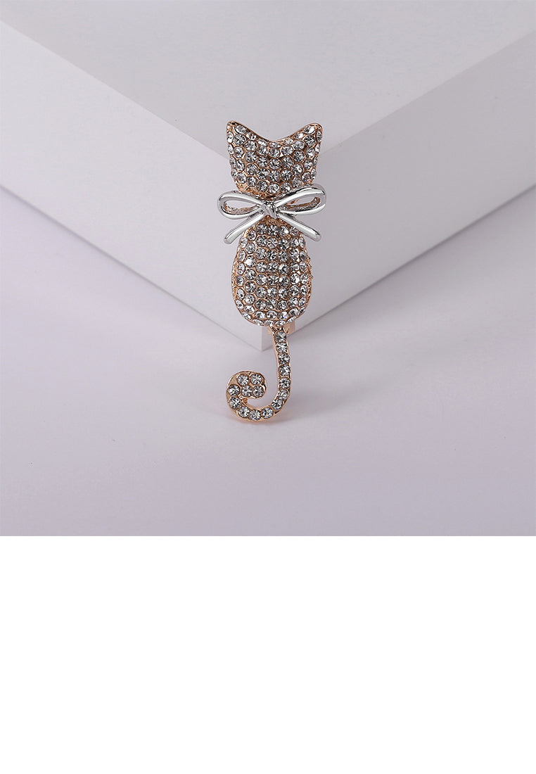 Simple and Cute Plated Gold Ribbon Cat Brooch with Cubic Zirconia - Luxurious Look