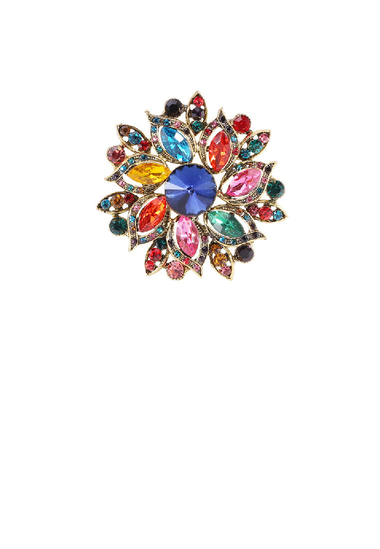 Fashion Brilliant Plated Gold Flower Brooch with Colored Cubic Zirconia - Luxurious Look