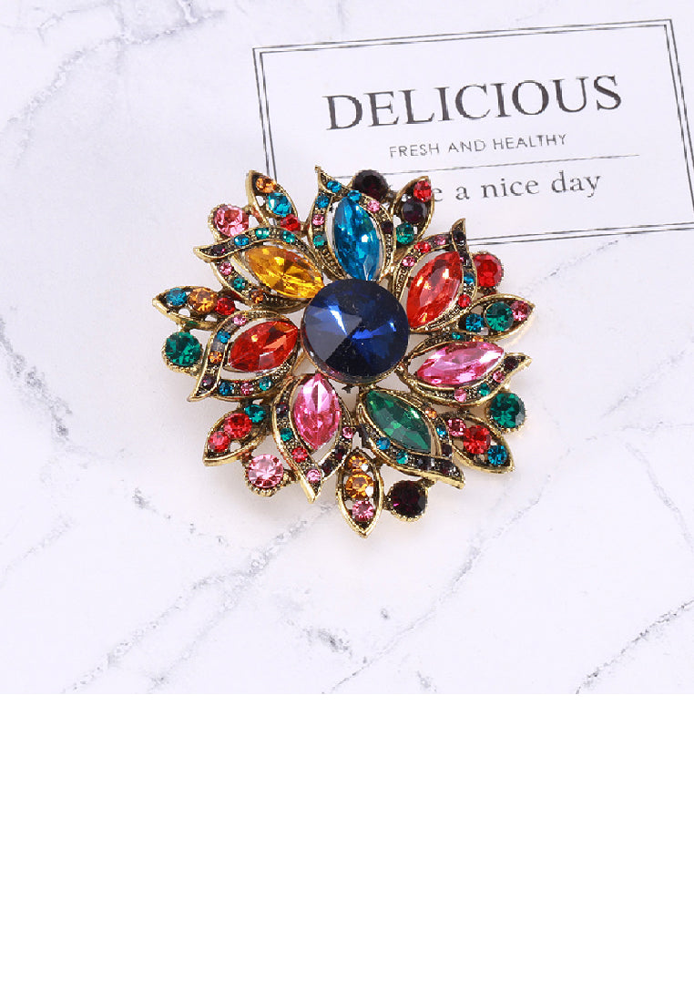 Fashion Brilliant Plated Gold Flower Brooch with Colored Cubic Zirconia - Luxurious Look