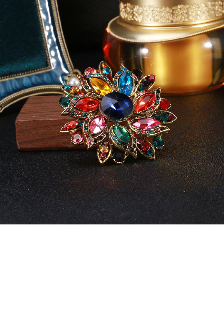 Fashion Brilliant Plated Gold Flower Brooch with Colored Cubic Zirconia - Luxurious Look