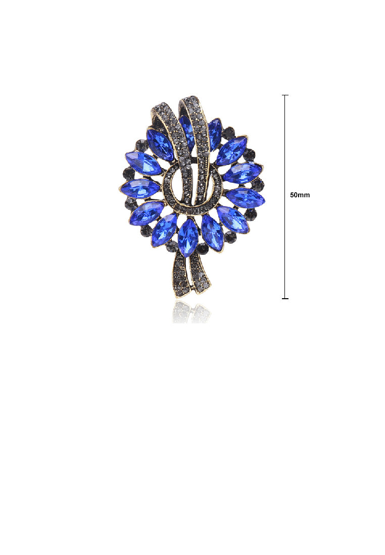 Fashion Vintage Plated Gold Flower Brooch with Blue Cubic Zirconia - Luxurious Look