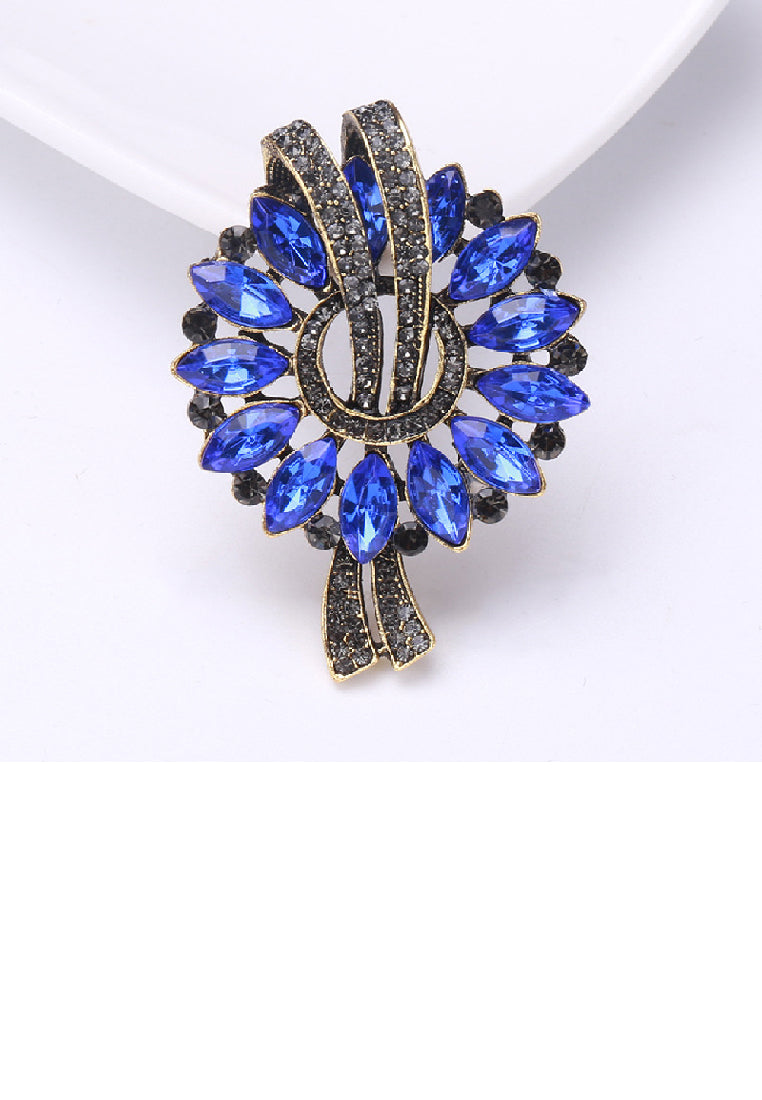 Fashion Vintage Plated Gold Flower Brooch with Blue Cubic Zirconia - Luxurious Look