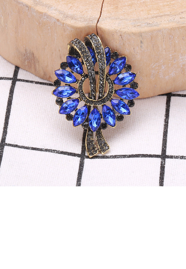 Fashion Vintage Plated Gold Flower Brooch with Blue Cubic Zirconia - Luxurious Look